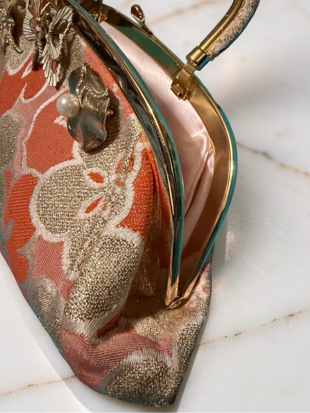 Banana Republic Vintage Floral Metallic Brocade Clutch Bag with vintage brooches - Picture 4 of 10